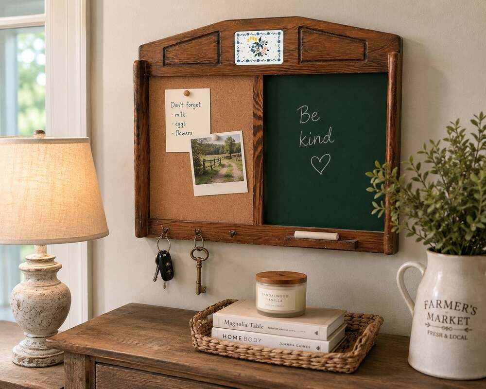 Vintage Wooden Entryway Wall Organizer with Cork Board, Chalkboard, and Decorati